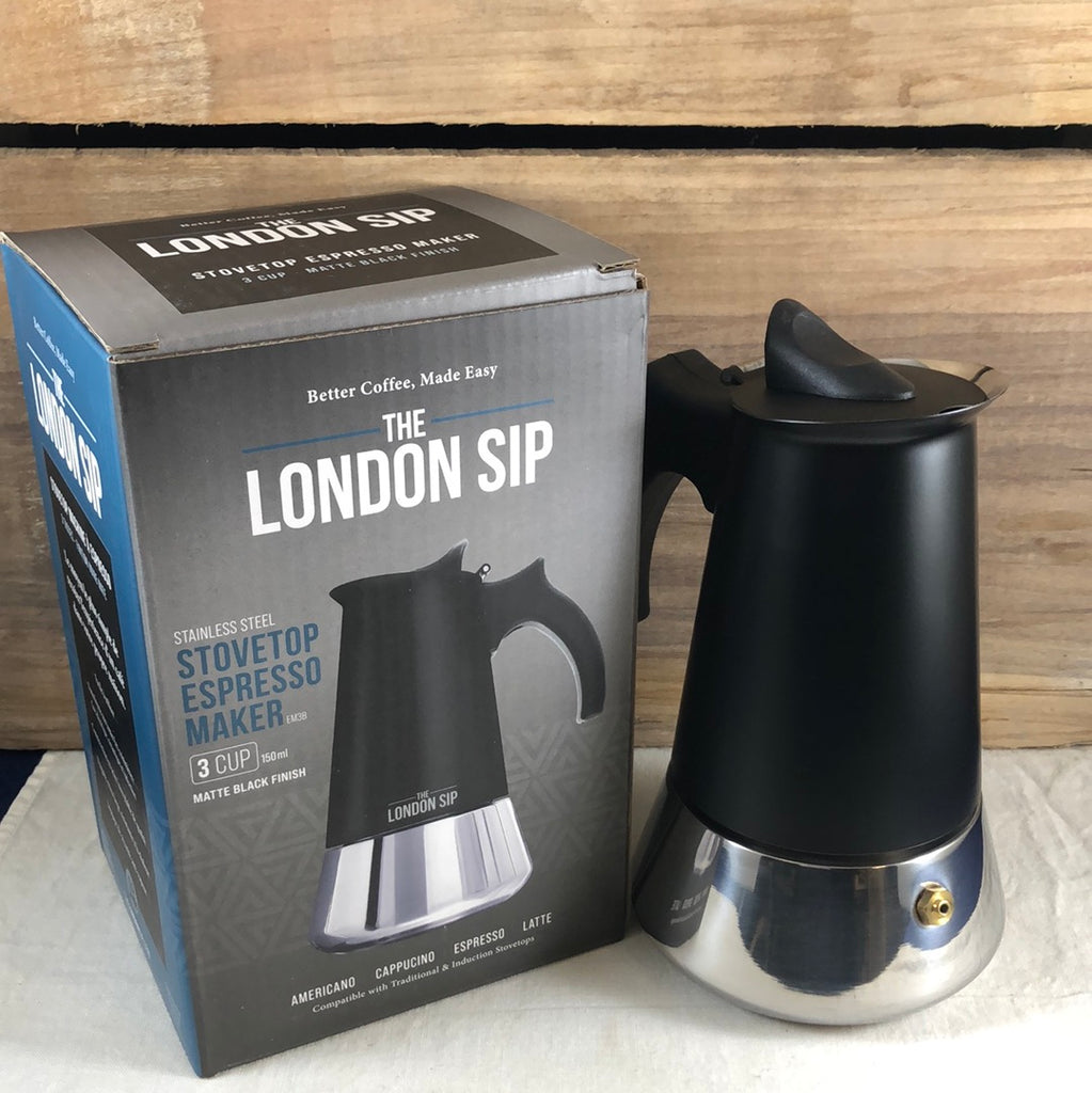 London Sip Espresso Maker, 3 Cups, Stainless Steel, Matte Black